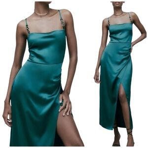 Zara Satin Slip Style Wrap Dress with Gold Chain Detailing on Straps